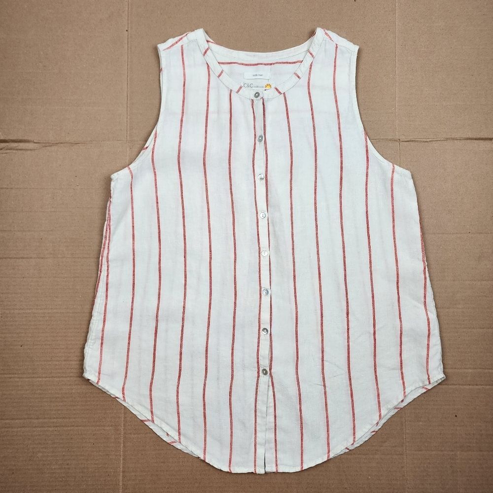 C&C California Linen Top White Red Stripes Sleeveless Button Up Shirt Blouse L - Picture 8 of 8
